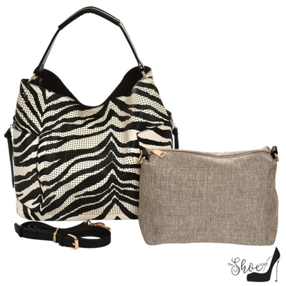 Zebra Perforated Handbag and Crossbody Set